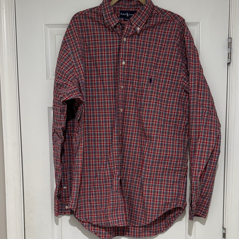 Ralph Lauren Men's Casual Red and Blue Plaid Shirt